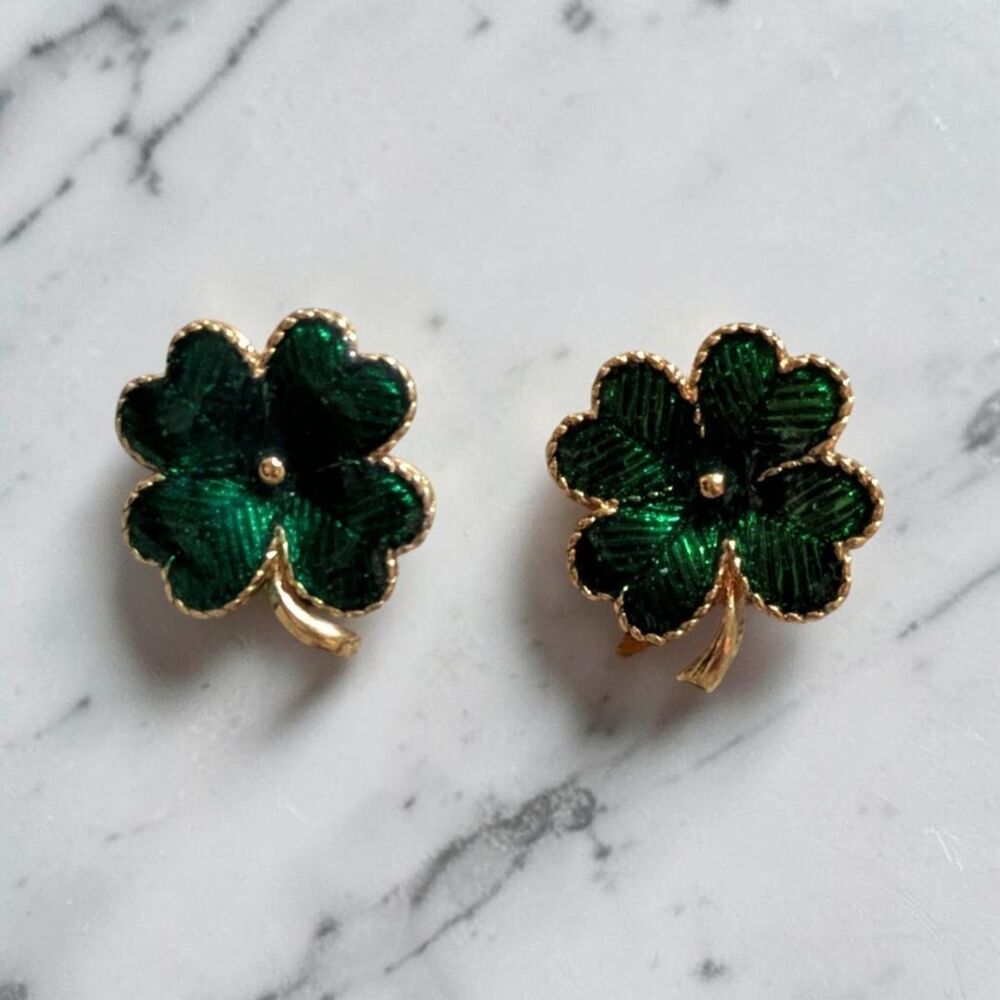 Avon Gold Tone Green Enamel Four Leaf Clover Earrings, Lucky Shamrock Jewelry